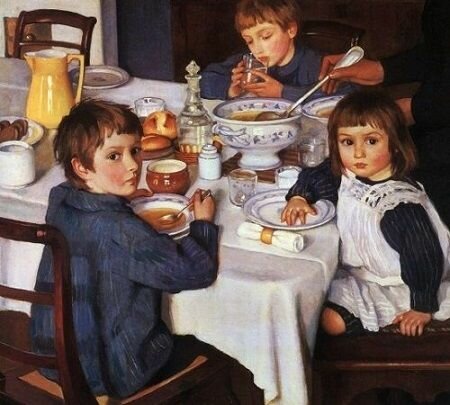 Картина маслом - семья за завтраком